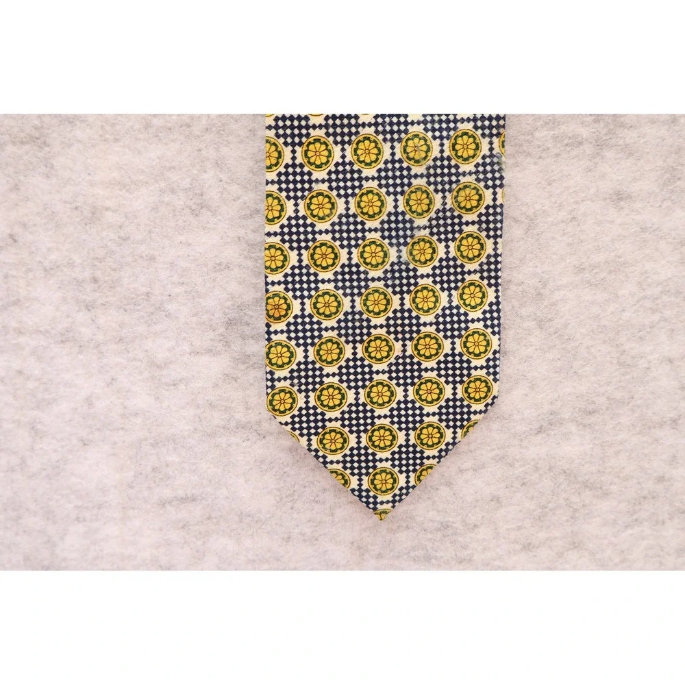 Laurant Benon Paris Mens Tie Navy Yellow Geometric Floral Pattern Polyester